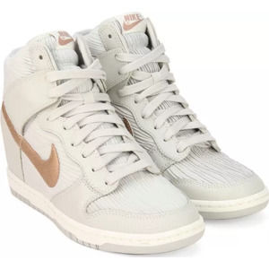 Nike Dunk Sky Hi Leather Wedge Sneakers in Cream Gray and Rose Gold
